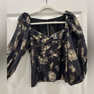 Express Black and Gold Fitted Blouse with Puff Sleeves